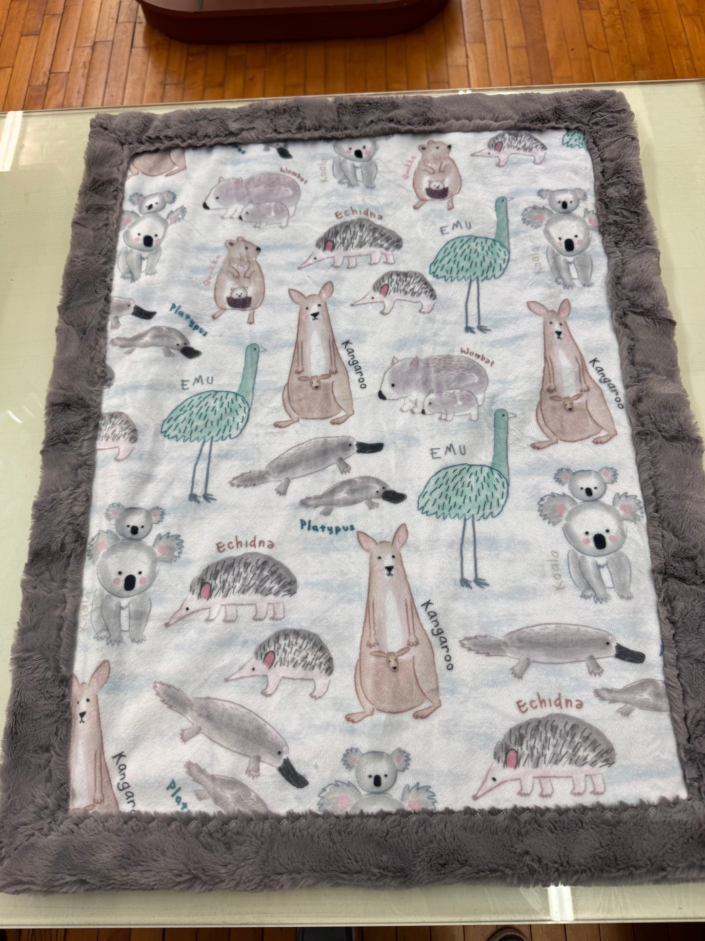 Australian Animal Baby Blanket - 21 x 28 Inch Handmade Minky Blanket with Gray Faux Fur Backing