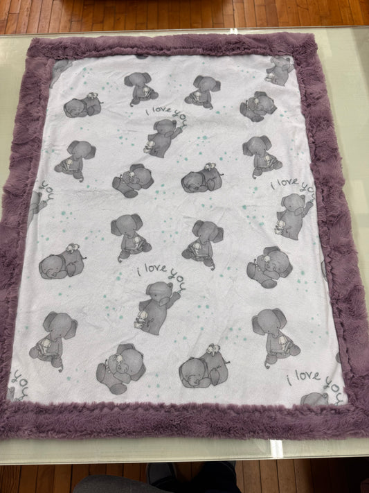 Elephant Baby Blanket - 21 x 28 Inch Handmade Minky Blanket with Mauve Faux Fur Backing