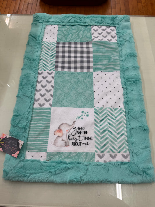 Handmade Elephant Baby Blanket – Aqua Plush Minky – 17 x 27 Inches