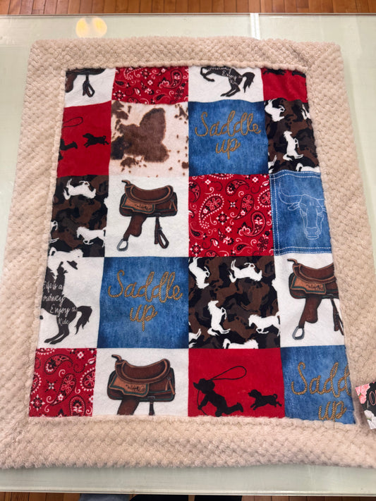 Handmade Western Baby Blanket – Beige Double Embossed Minky – 17 x 27 Inches