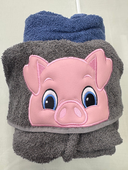 Full Size Hooded Bath Towel – Pink Pig – Gray and Blue