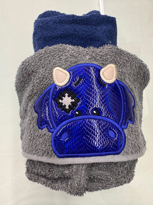 Full Size Hooded Bath Towel – Blue Patch Dragon – Gray and Navy