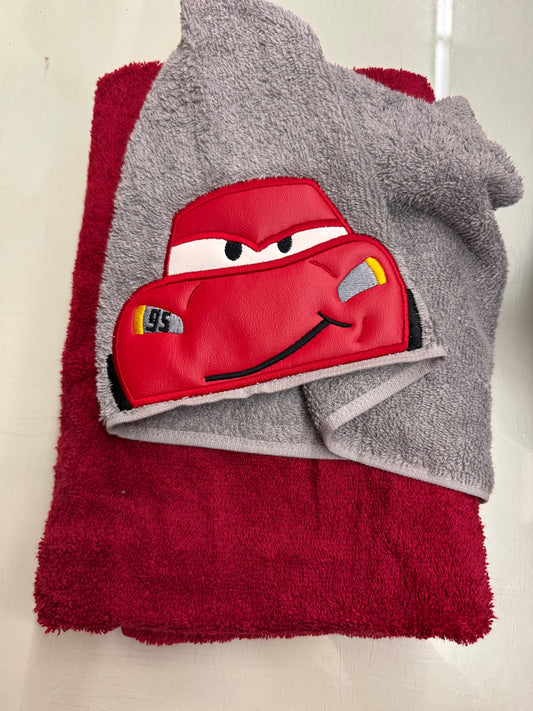 Full Size Hooded Bath Towel – Race Car – Gray and Red