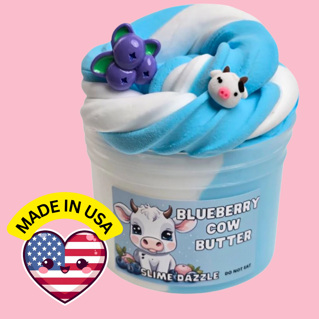 Blueberry Butter Cow Slime – Blueberry Vanilla Scented Butter Slime with Blueberry & Cow Charms – Beginner Friendly: 8 FL OZ