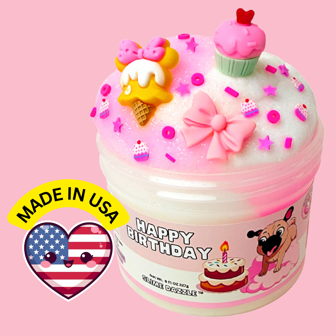 Happy Birthday Cloud Slime – Birthday Cake Scented Fluffy Slime – Pink & White Drizzle Slime – Soft Stretchy Scented Slime Gift: 8 Fl Oz