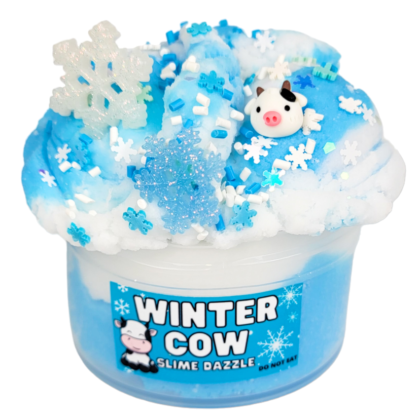 Winter Cow Cloud Slime – White & Blue Drizzly Slime with Vanilla Marshmallow Scent, Cow & Snowflake Charms, Sprinkles – Beginner Friendly Fluffy Slime: 8 fl oz