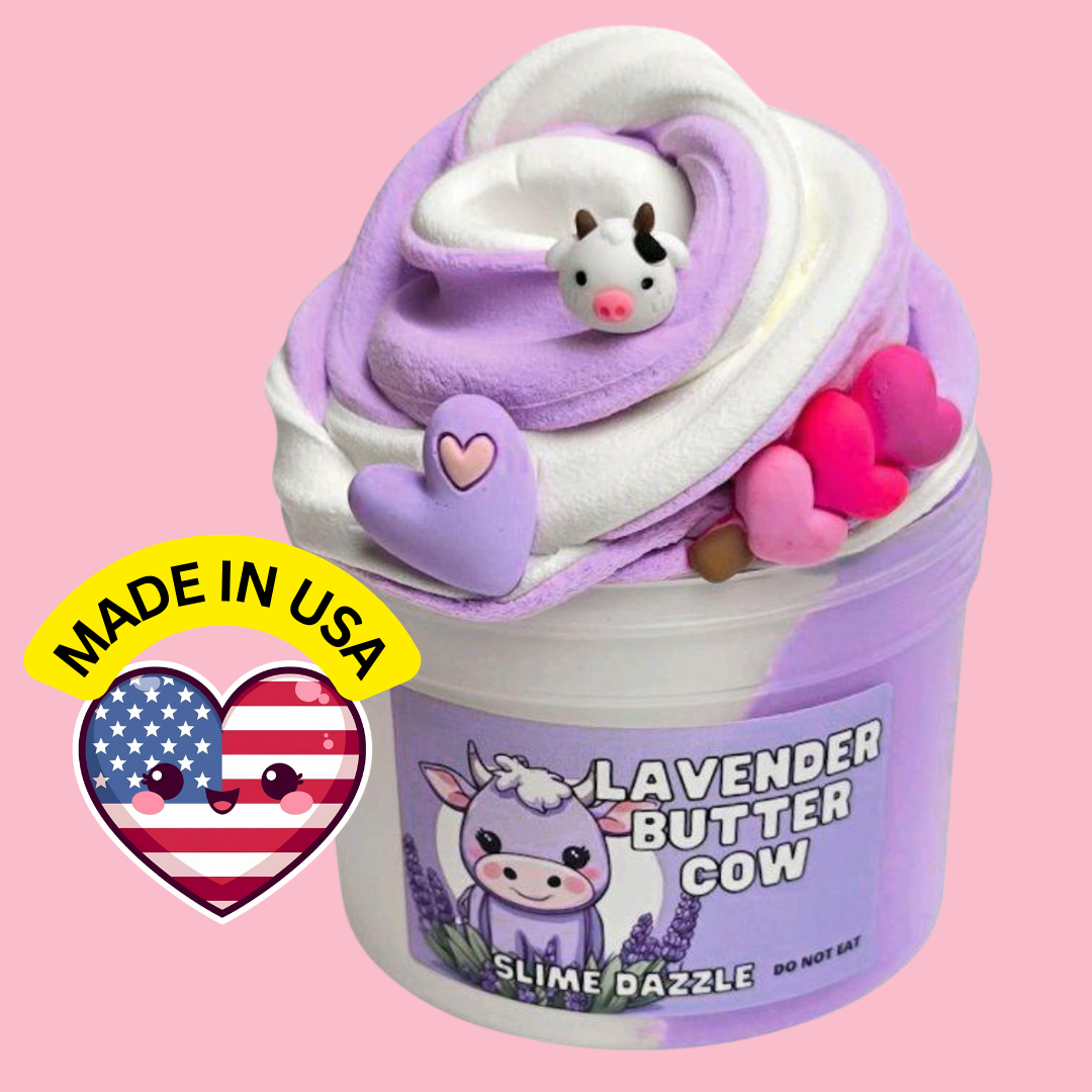 Lavender Butter Slime – Purple & White Butter Slime with Lavender Vanilla Scent, Cow & Heart Charms – Beginner Friendly Creamy Texture: 8 FL OZ