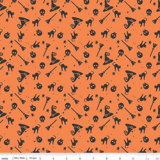 Hey Bootiful Witch Icons C13131 Orange - Riley Blake Designs - Halloween Witches Skulls Brooms Cats Hats - Quilting Cotton Fabric