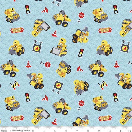 CAT Junior Crew Toys C11472 Aqua - Riley Blake - Juvenile Construction Equipment Vehicles Tractors Blue - Quilting Cotton Fabric
