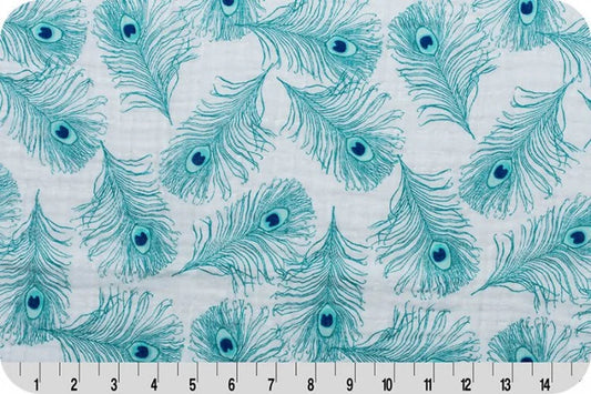 TEAL FEATHER EMBRACE - Shannon Teal Peacock Plume Double Gauze - 100% Cotton Double Gauze Feather Embrace Teal Peacock Plume Cotton