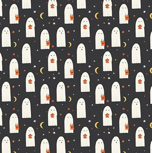Hey Bootiful Sheet Ghosts Glow in the Dark Charcoal GC13132 by Riley Blake Designs